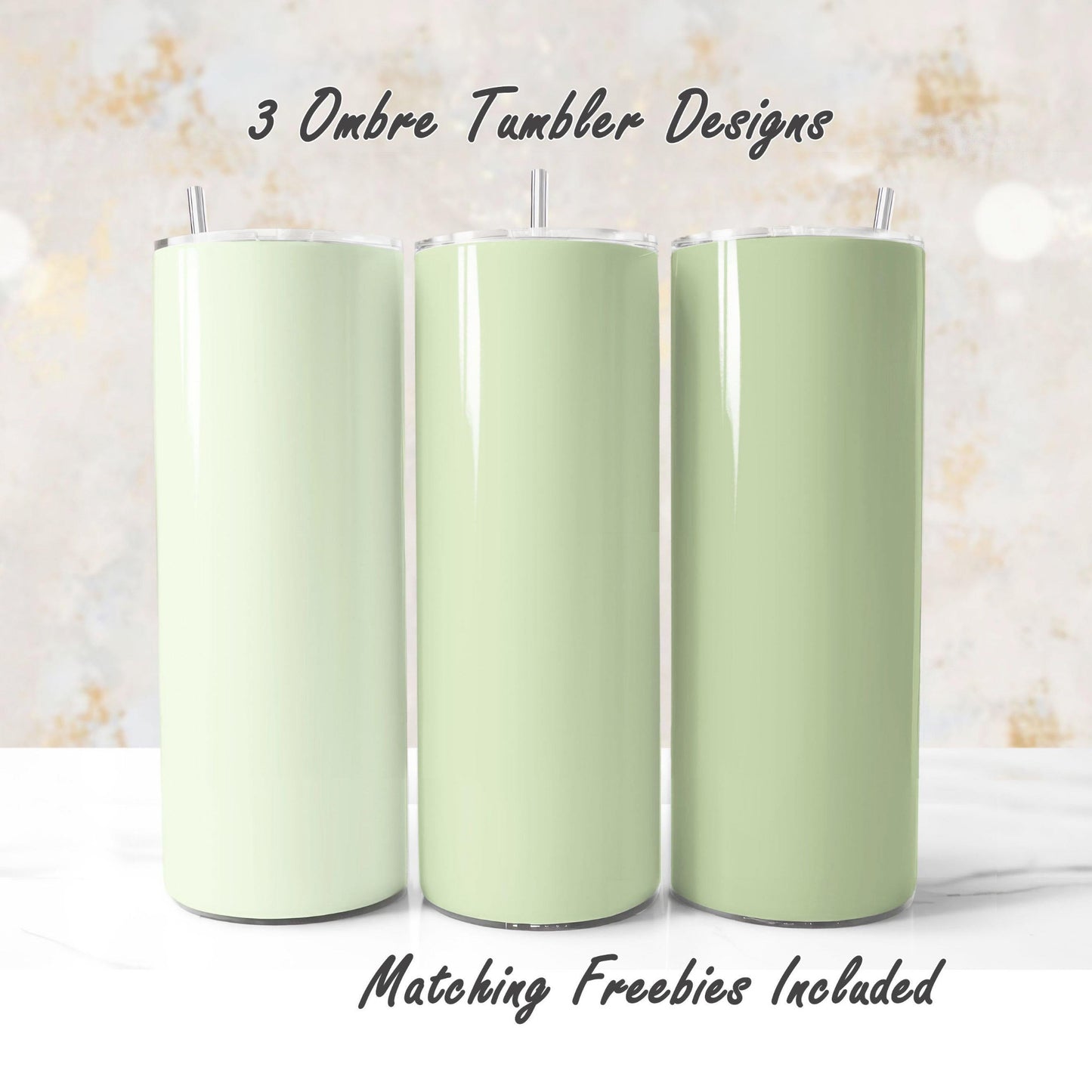 Three lime green tumbler designs with matching freebies, sublimation designs for DIY and commercial use.