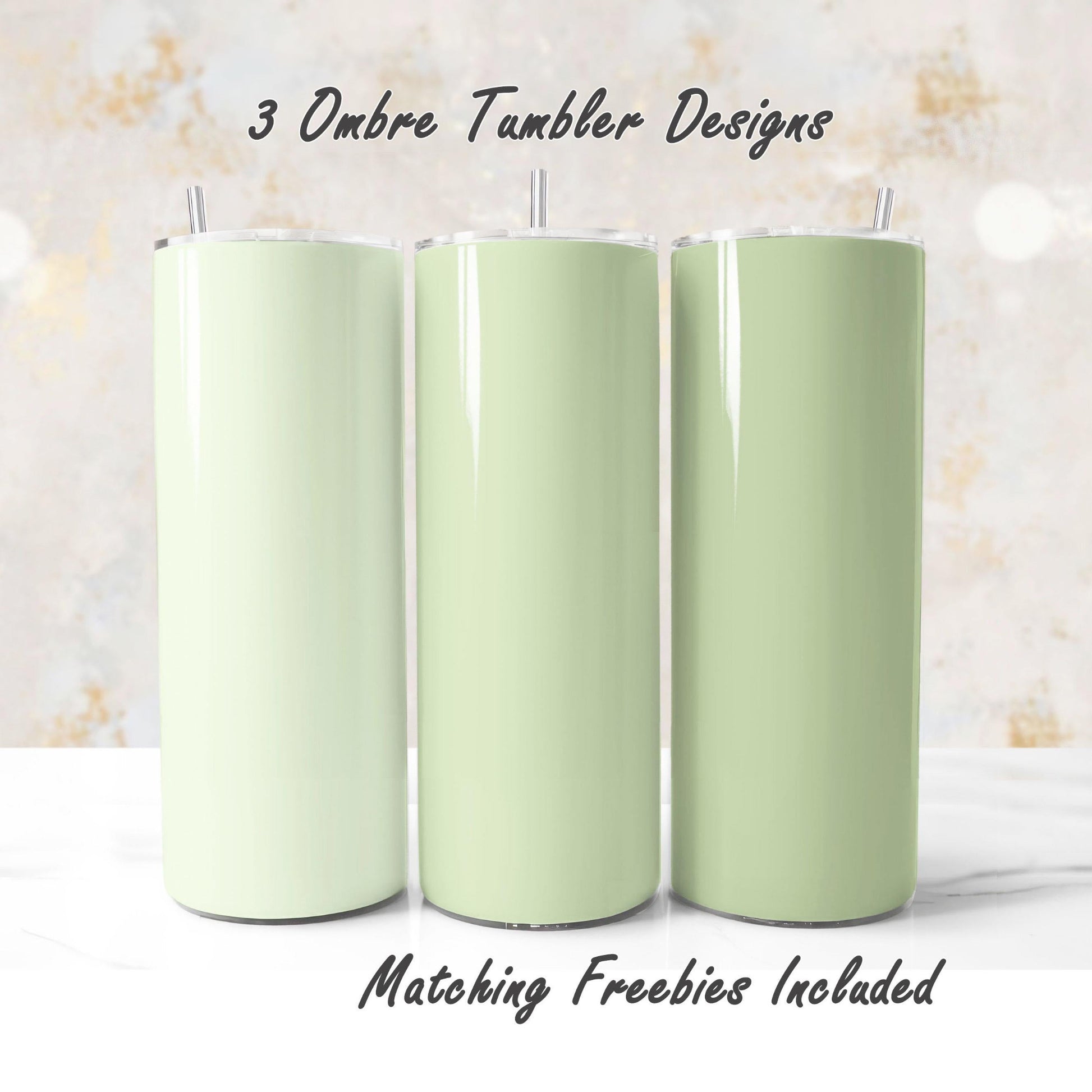 Three lime green tumbler designs with matching freebies, sublimation designs for DIY and commercial use.