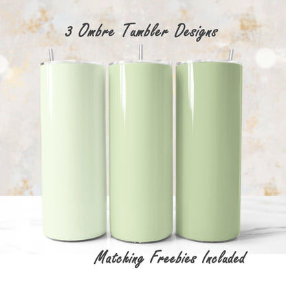 Three lime green tumbler designs with matching freebies, sublimation designs for DIY and commercial use.