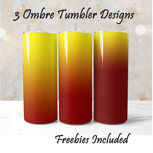 Three ombre tumblers with yellow to red gradient, sublimation designs for DIY and commercial use.