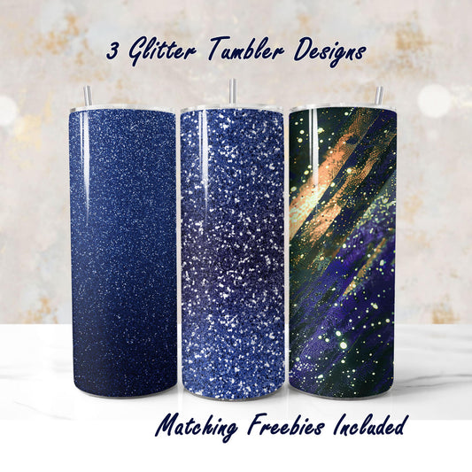 Three glitter tumbler wraps sublimation designs, including Milky Way, for DIY and commercial use.