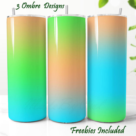 Three gradient tumblers with orange mint green and blue colors. Sublimation designs for DIY and commercial use.