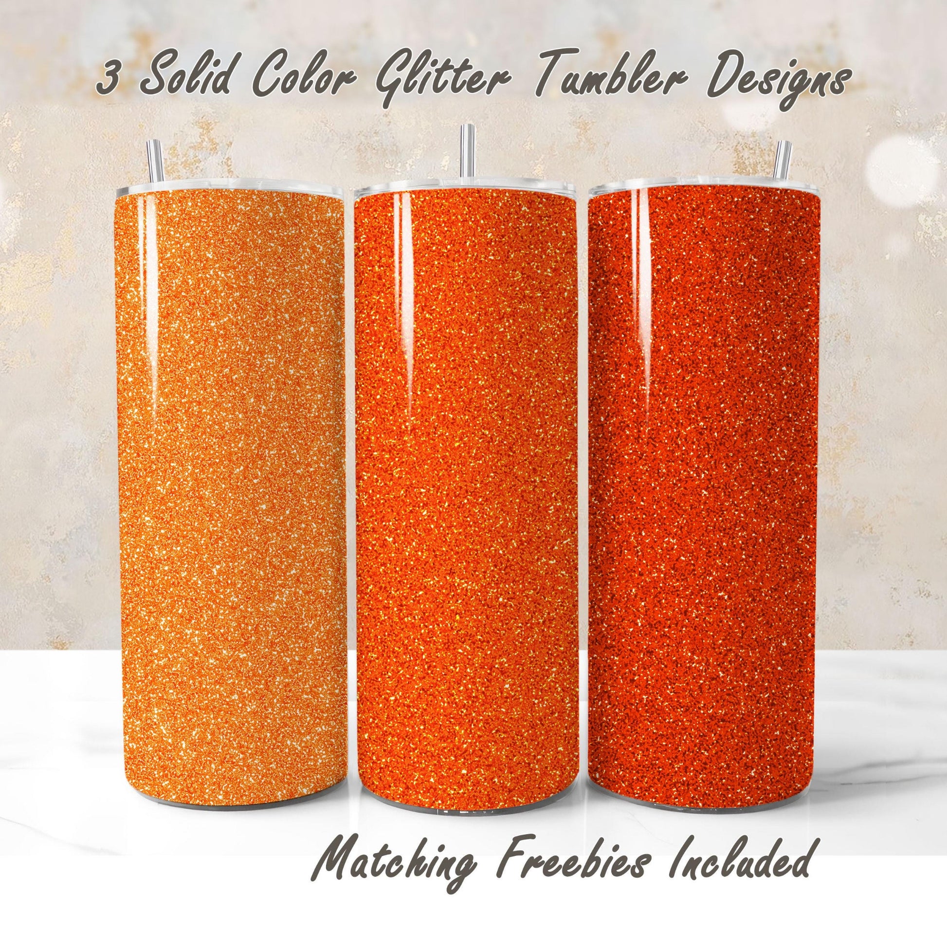 Three orange glitter tumbler wraps with matching freebies, sublimation designs for DIY and commercial use.