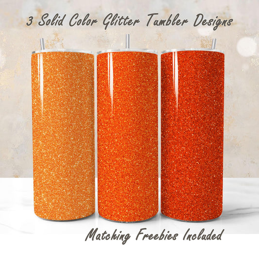 Three orange glitter tumbler wraps with matching freebies, sublimation designs for DIY and commercial use.