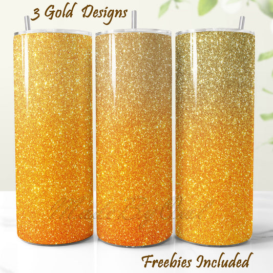 Three gold to orange glitter tumblers wraps with a gradient effect for DIY and commercial use.