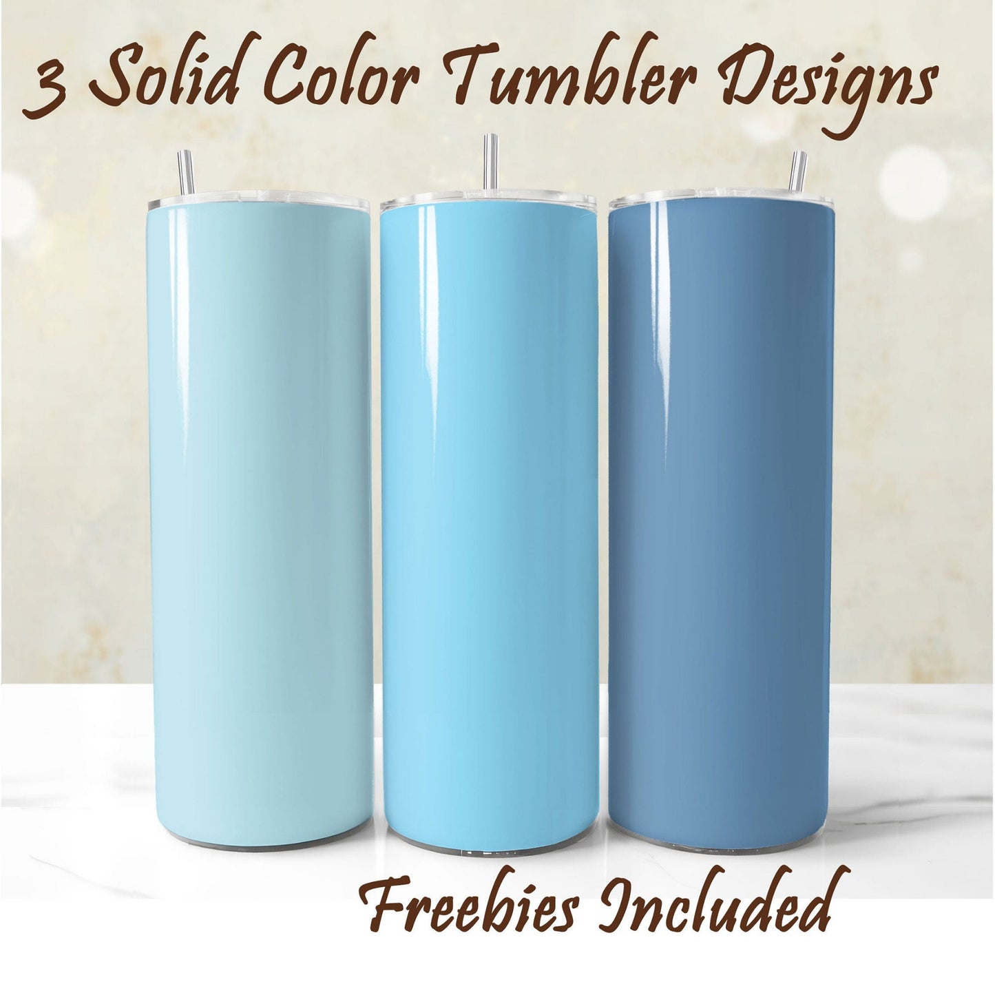 Three pastel blue tumbler wrap designs in different shades with glitter texture for 20oz tumblers
