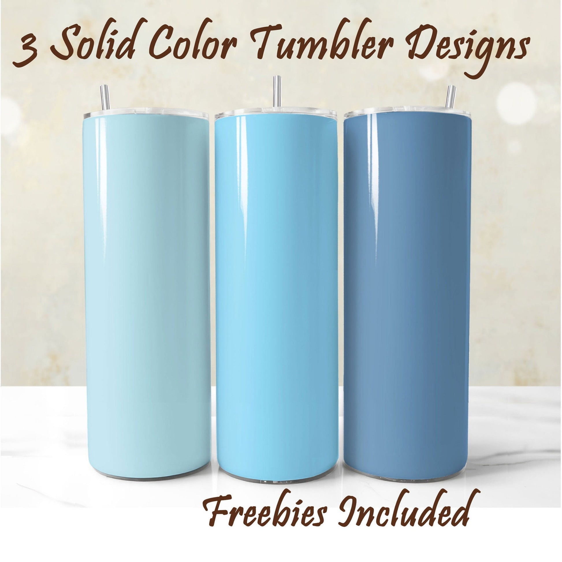Three pastel blue tumbler wrap designs in different shades with glitter texture for 20oz tumblers
