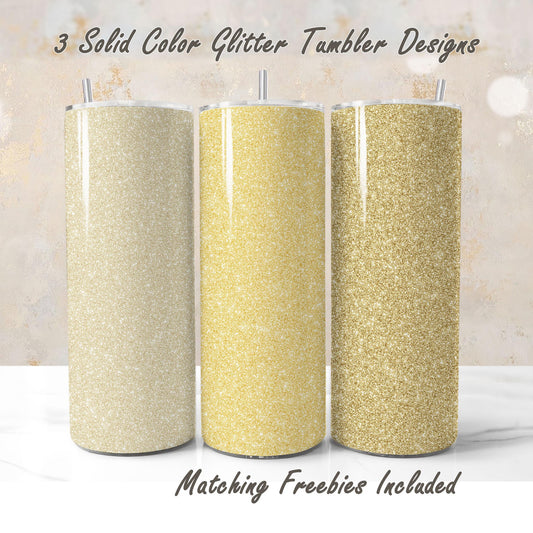 Three glitter tumblers in different gold shades, sublimation designs for DIY and commercial use.