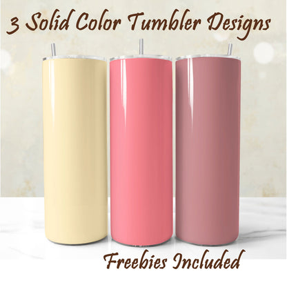 Three solid color tumblers in beige, pink, and rose gold, sublimation designs for DIY and commercial use.