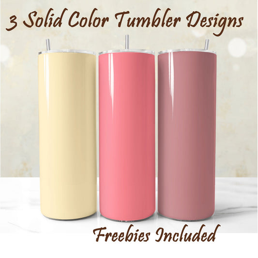 Three solid color tumblers in beige, pink, and rose gold, sublimation designs for DIY and commercial use.