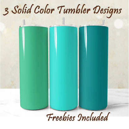 Three teal tumblers, solid color, sublimation designs for DIY and commercial use.