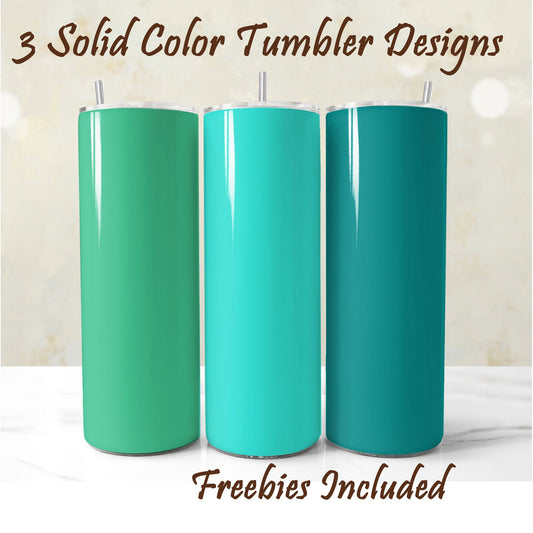 Three teal tumblers, solid color, sublimation designs for DIY and commercial use.