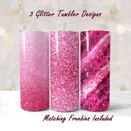 Set of 3 pink glitter tumblers sublimation designs with different patterns, including Milky Way, for DIY and commercial use.