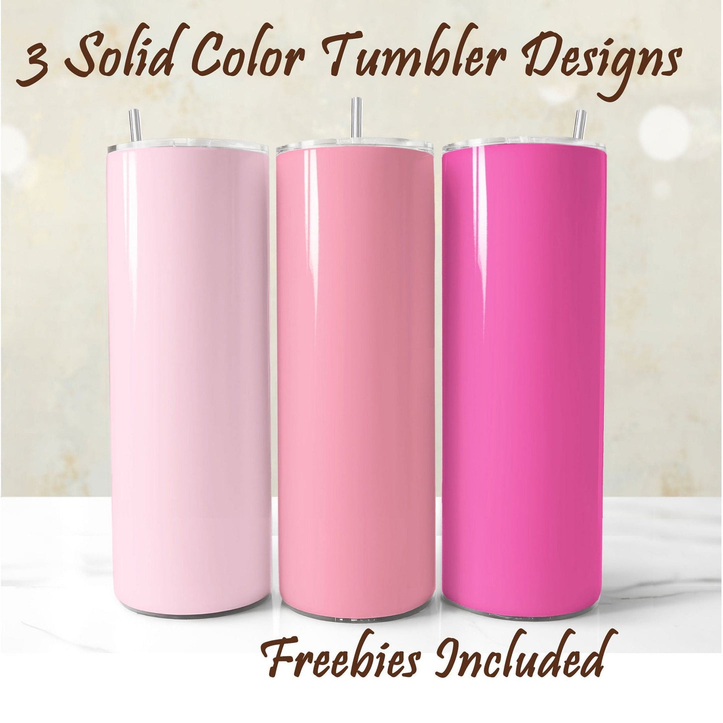 Three pink tumbler wrap designs, each in a different shade, for 20oz skinny straight tumblers
