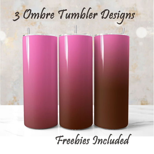 Three ombre tumbler designs in pink and brown. Sublimation designs for DIY and commercial use.