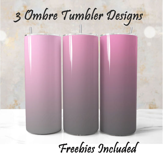Three ombre tumbler designs with pink to gray gradient on a light background. Sublimation designs for DIY and commercial use.