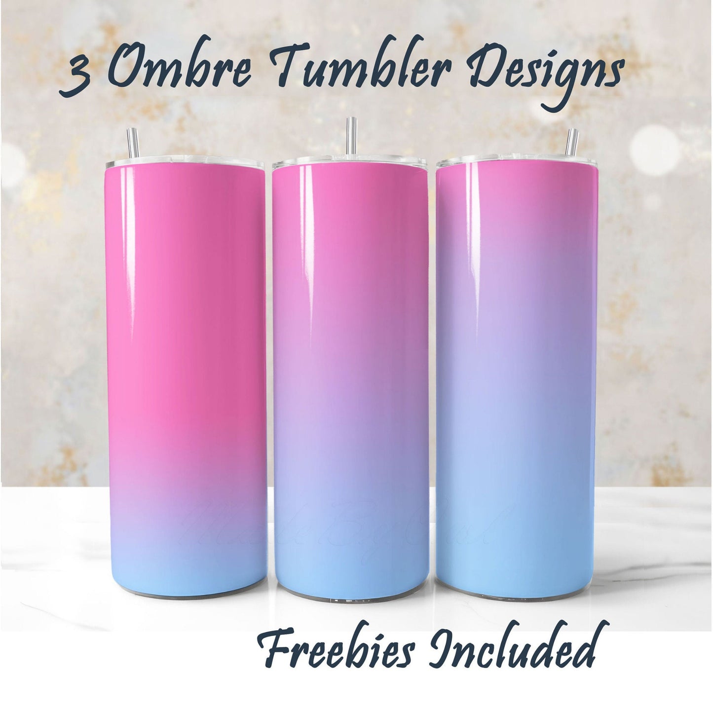 Three ombre tumbler designs with pink to blue gradient