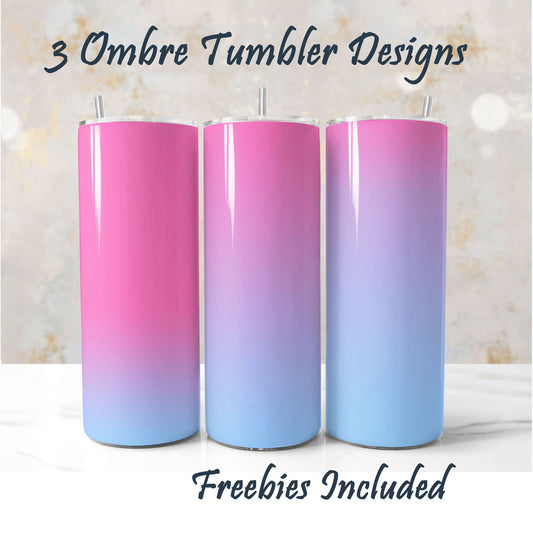 Three ombre tumbler designs with pink to blue gradient