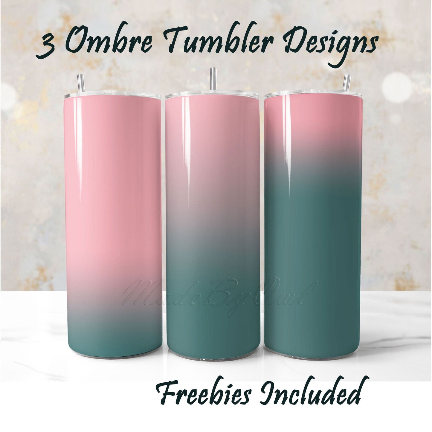 Three pink to teal tumbler wraps, sublimation designs for DIY and commercial use.
