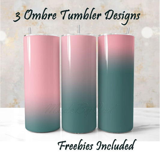 Three pink to teal tumbler wraps, sublimation designs for DIY and commercial use.
