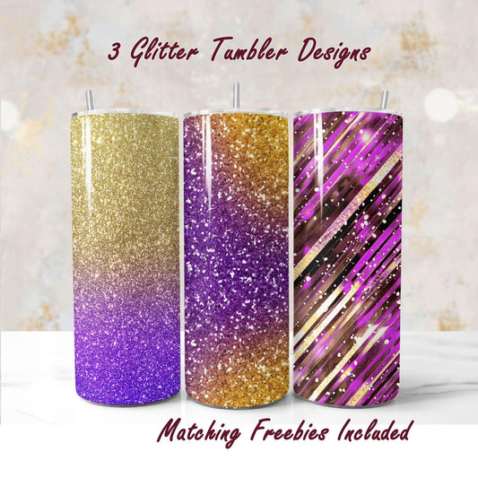 Set of 3 purple glitter tumblers sublimation designs with different patterns, including Milky Way, for DIY and commercial use.