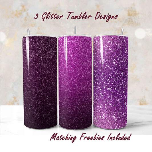 Three glitter tumbler designs in different purple shades with matching freebies for DIY and commercial use.