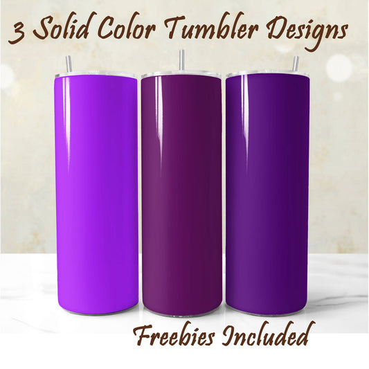 Three purple tumblers with, solid color sublimation designs for DIY and commercial use.