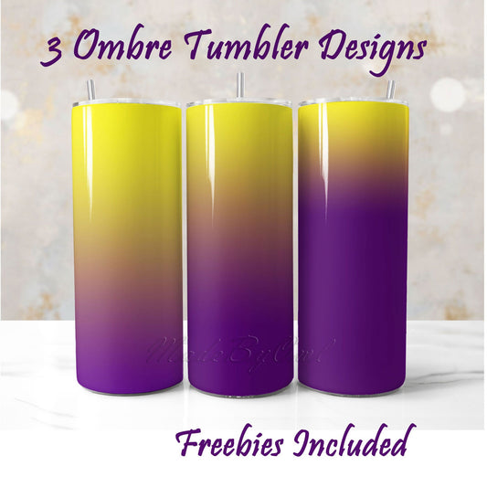 Three ombre tumbler designs in yellow to purple with freebies included text.