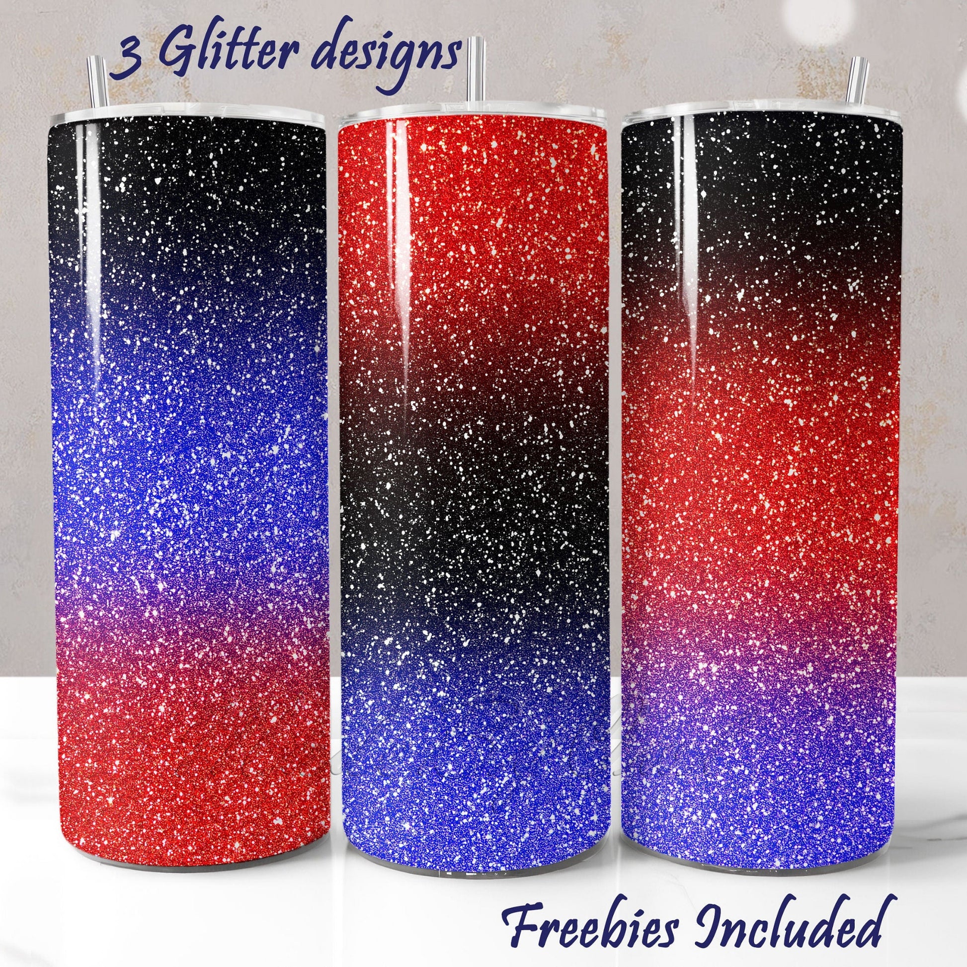 Three glittery tumbler wraps with red, blue, and black gradient for DIY and commercial use.