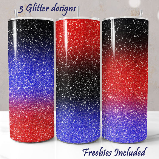 Three glittery tumbler wraps with red, blue, and black gradient for DIY and commercial use.
