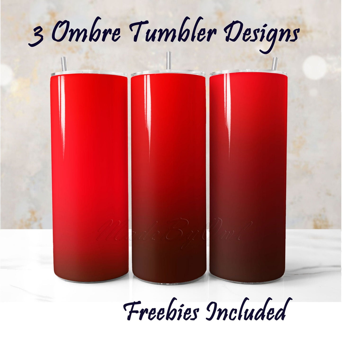 Three red ombre tumblers with text about designs and freebies, red and brown gradient