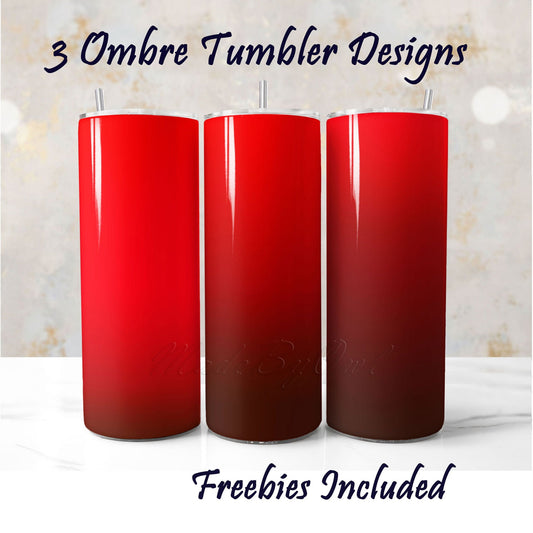 Three red ombre tumblers with text about designs and freebies, red and brown gradient