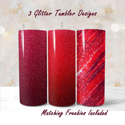 Three red glitter tumbler wraps with matching freebies sublimation designs, including Milky Way, for DIY and commercial use.
