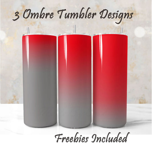 Three ombre tumbler designs with red and gray gradient, sublimation designs for DIY and commercial use.