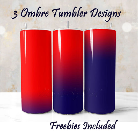 Three ombre tumbler designs in red to purple gradient. Sublimation wraps for DIY and commercial use.