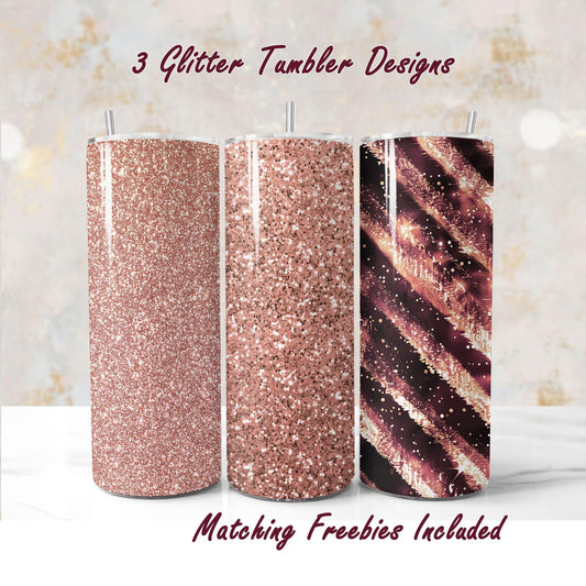 Set of 3 rose gold tumblers sublimation designs with different patterns, including Milky Way, for DIY and commercial use.