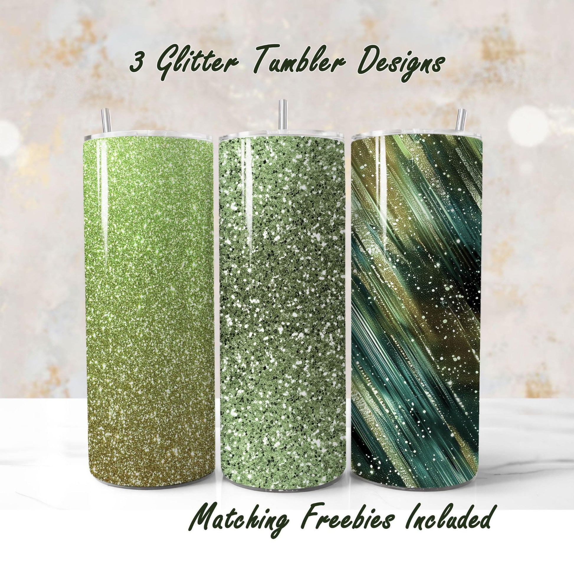 Three glitter tumbler wraps, sublimation designs, including Milky Way, for DIY and commercial use.