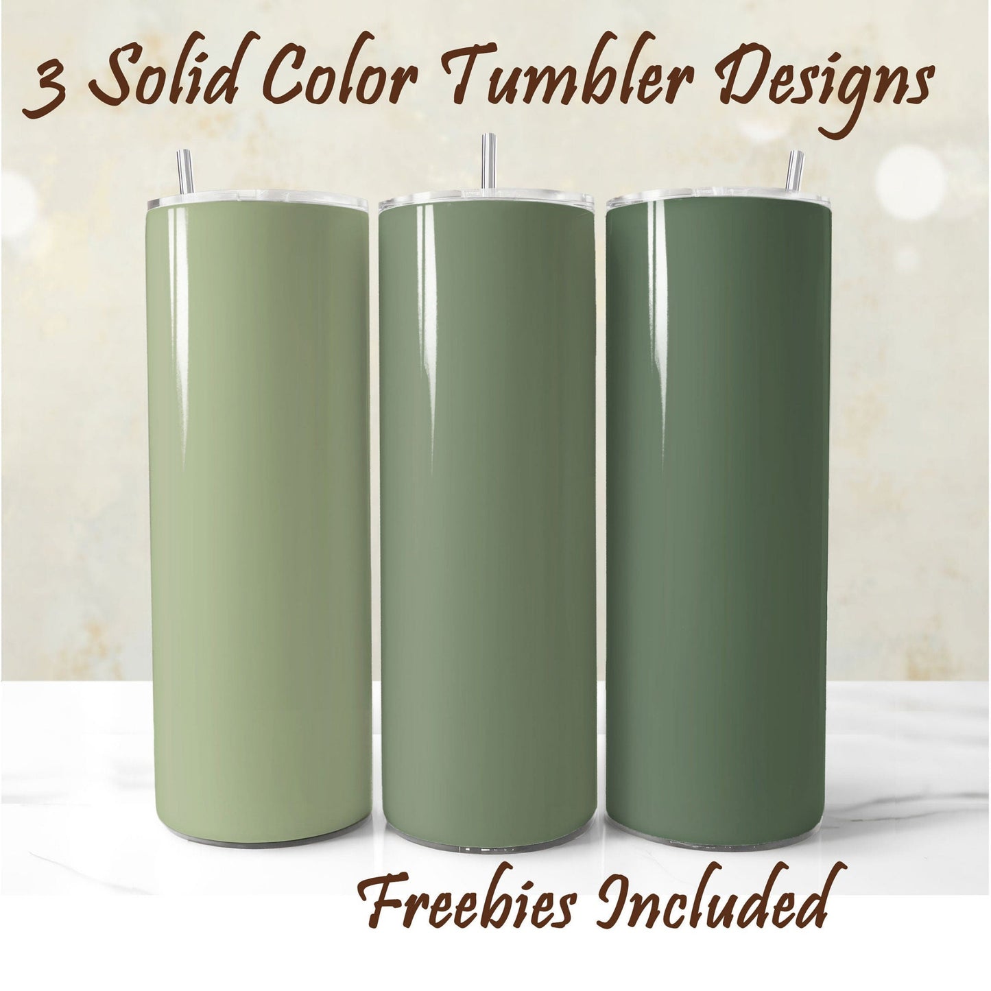 Three sage green tumbler wrap designs for 20oz skinny straight tumblers