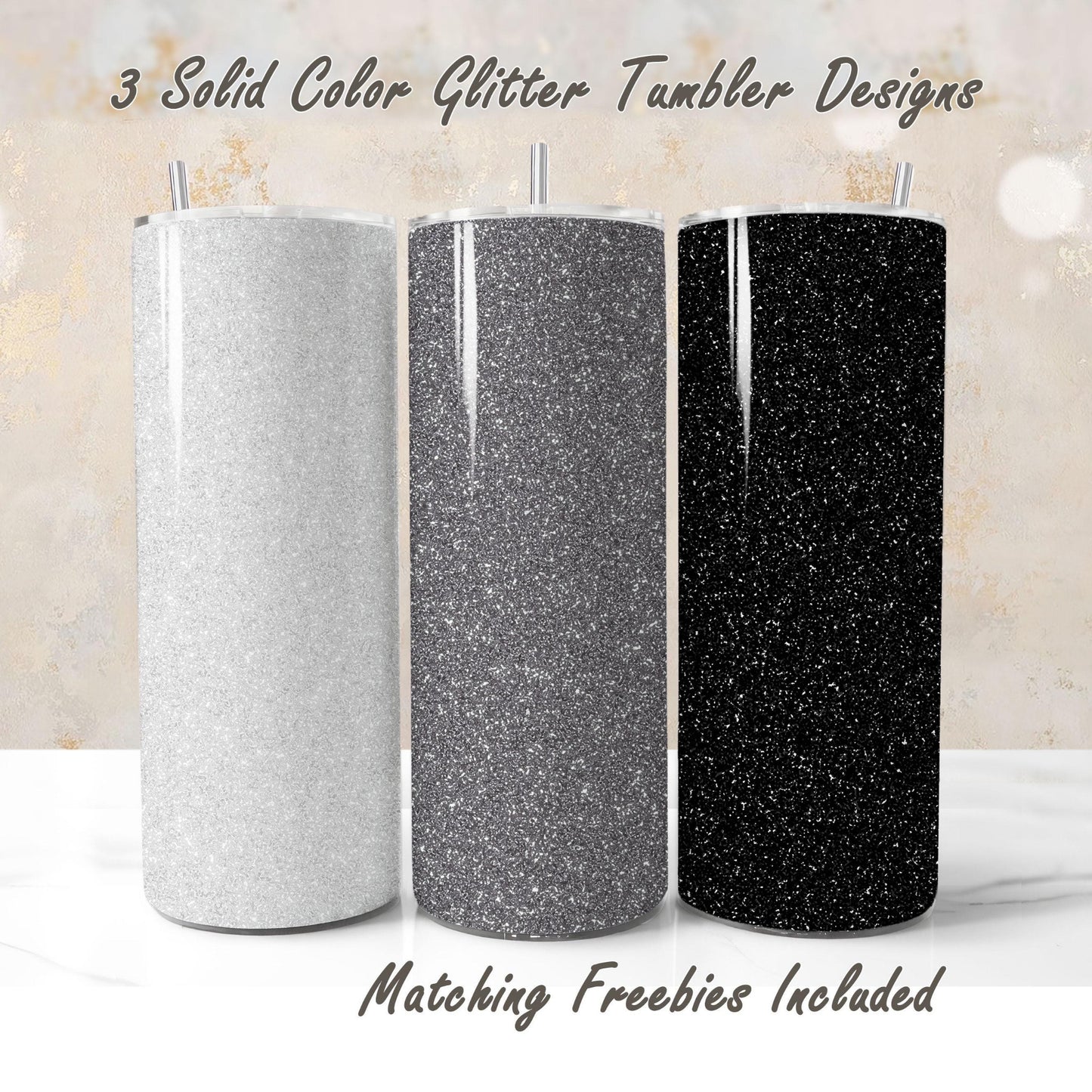Three glitter tumbler wraps in silver, gray, and black, solid color designs and matching freebies, for DIY and commercial use.