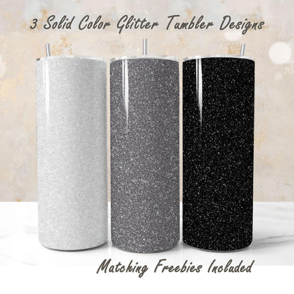 Three glitter tumbler wraps in silver, gray, and black, solid color designs and matching freebies, for DIY and commercial use.