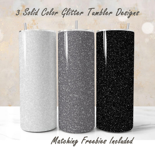 Three glitter tumbler wraps in silver, gray, and black, solid color designs and matching freebies, for DIY and commercial use.