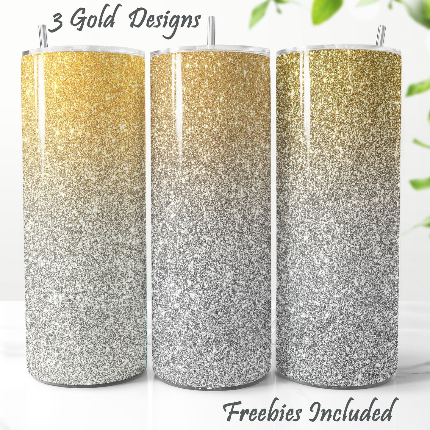Three glittery tumblers with gold and silver gradient for DIY and commercial use.