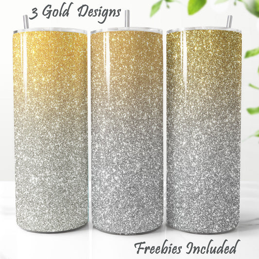 Three glittery tumblers with gold and silver gradient for DIY and commercial use.
