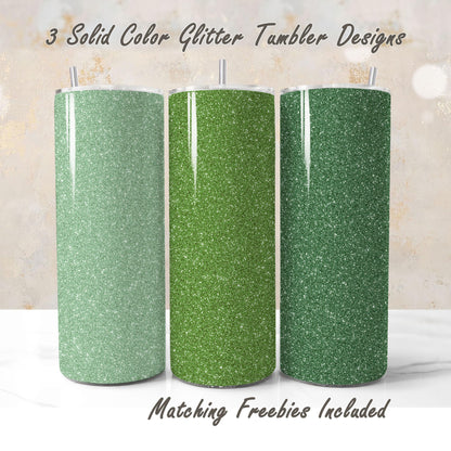 Three green glitter tumblers with matching freebies, sublimation designs for DIY and commercial use.