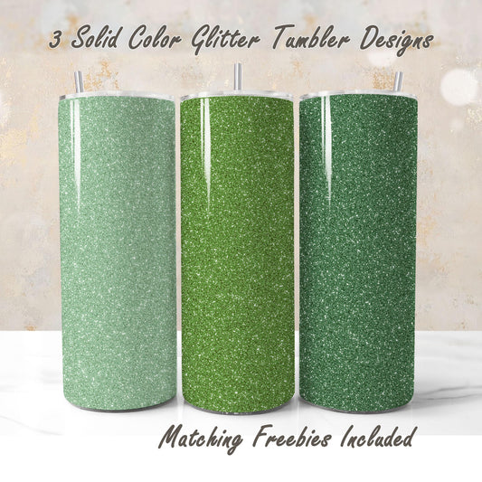 Three green glitter tumblers with matching freebies, sublimation designs for DIY and commercial use.