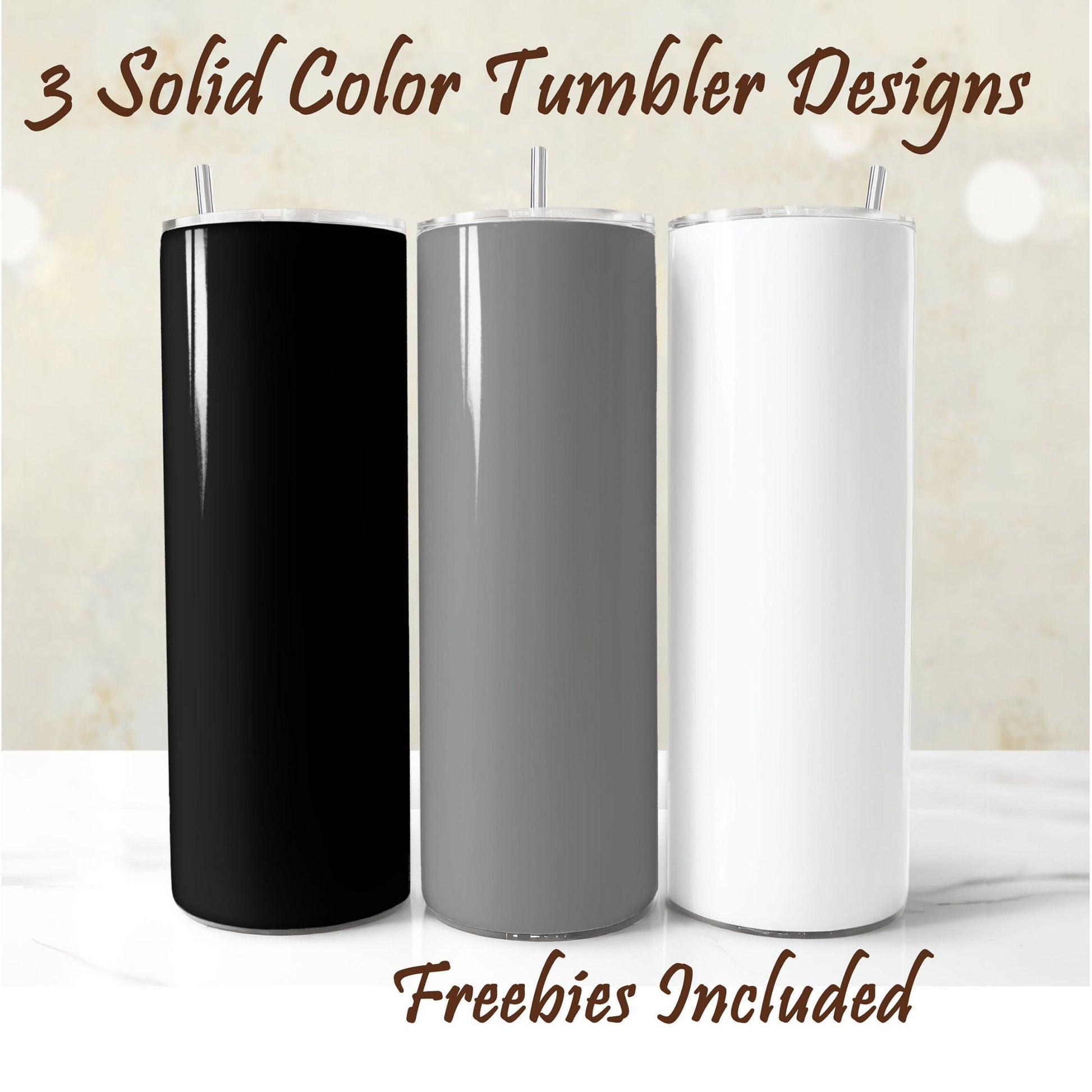 Three solid color tumblers (black, gray, white), sublimation designs for DIY and commercial use.