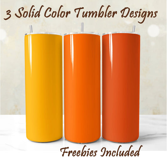 Three solid color tumblers in yellow, orange, and ginger, sublimation designs for DIY and commercial use.