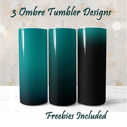 Three teal and black ombre tumbler sublimation designs for DIY and commercial use