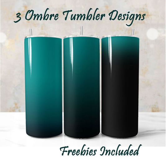 Three teal and black ombre tumbler sublimation designs for DIY and commercial use