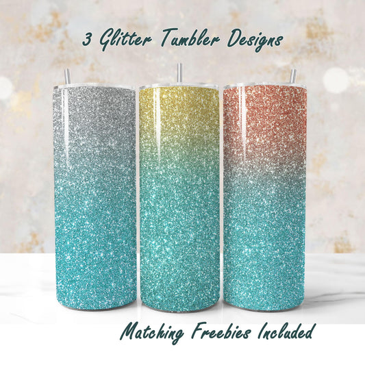Set of 3 teal to silver, gold and rose gold glitter tumblers sublimation designs with different patterns, including Milky Way, for DIY and commercial use.